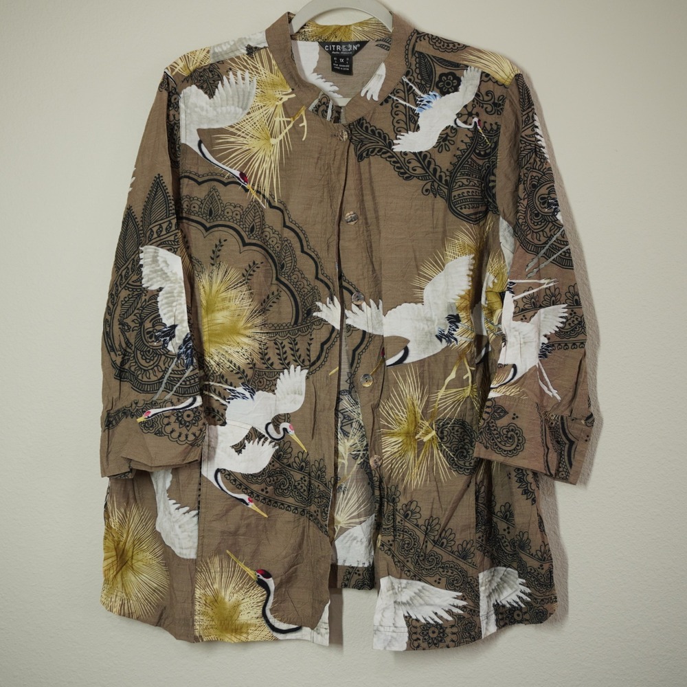 Citron Santa Monica Button Down Blouse 1X Crane Mandala Print Bamboo Blend Brown